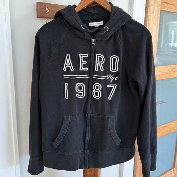 Y2K Aeropostale Aero 1987 NYC Full-Zip Black Drawstring Hoodie Women Medium EUC - Picture 2 of 13